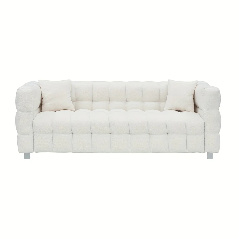 Modern White Plush Teddy Sofa - 80 Inches, Minimalist Design with Two Throw Pillows & Heavy-Duty Hardware Support, Perfect for Living Room or Bedroom, Available in 5 Colors, Comfy Couch
