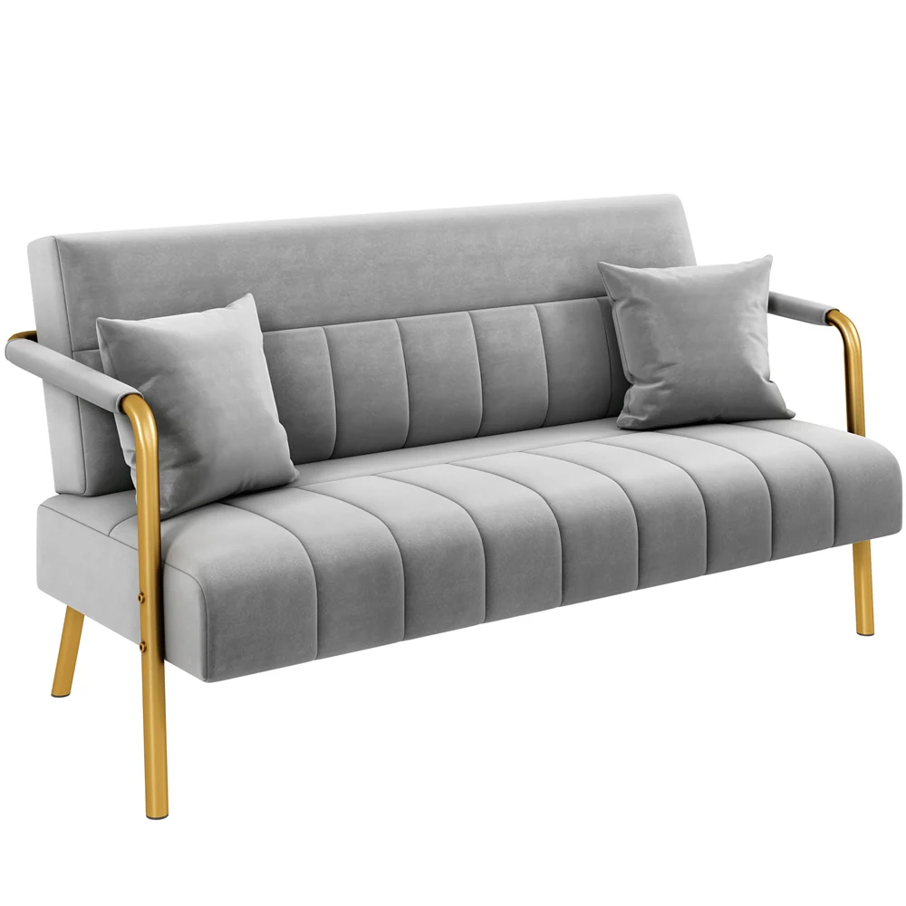 Costoffs Velvet Fabric Sofa Couch, 56.5″ W Modern Loveseat Couch with Gold-tone Metal Arms, Legs & 2 Pillows, Sofa for Living Room, Bedroom Furniture, Pink\u002FGreen\u002FGray